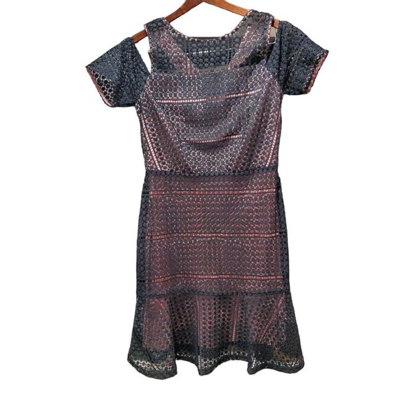 ABS Dress Size 4 Open Shoulder Black/Pink Crochet Illusion fit & flare Party - Picture 7 of 9